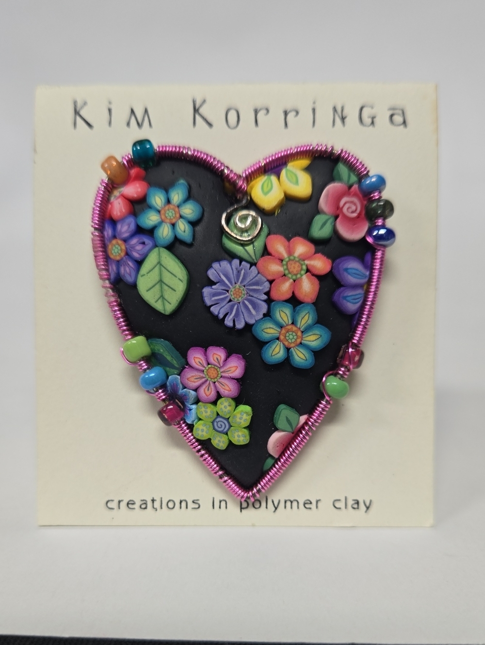 Kim Korringa Handmade Polymer Clay Heart Brooch Millefiori Bead Wire NWOT 2x1.5"